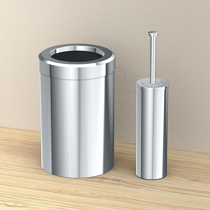 Gatco Modern Round Waste Basket and Toilet Brush Set, Chrome - Stainless Steel Trash Can with Removable Lid, Leakproof, 3 Gallon Capacity for Bathroom, Bedroom, Kitchen, or Office