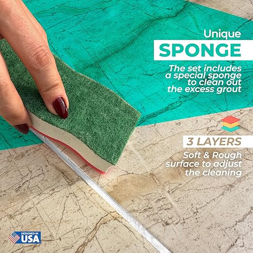 PentaUSA Grout Repair Kit with Removal Tool, Premix Grout Bundle Set, Sponge and Cleaner (8.8 Oz - 250gr) (White)