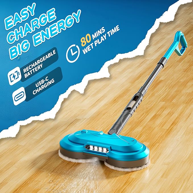 BLAXTEM Kids Toy Electric Spray Spin Mop, Rechargeable Cordless Electric Mop W/ Water Sprayer & LED Headlight for Children Ages 3 4 5 6+ Boys & Girls, Cleaning Toy for Pretend Play (Blue)