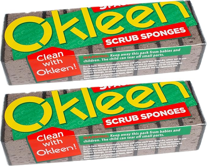 Okleen Taupe Multi Use Scrub Sponges. Made in Europe. 18 Pack, 4.3x2.8x1.4 inches. Best Odorless Durable Brown Heavy Duty Scrubber for Kitchen and Household Cleaning