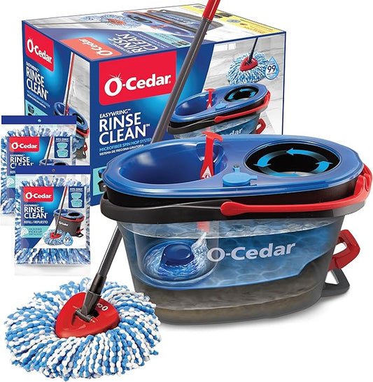 O-Cedar RinseClean Spin Mop & Bucket System + 2 Extra Mop Heads| Clean with Water | Removes 99% of Bacteria Plastic