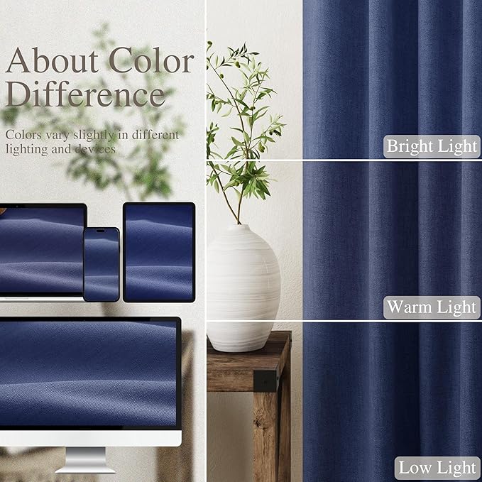 Full Black Out Classic Blue Window Curtains 84 Inches Long Back Tab Rod Pocket Cooling Flax Linen Drapes Full Light Black Out 2 Panels Set for Dining Room Boho Farmhouse Curtains Drapes 52x84