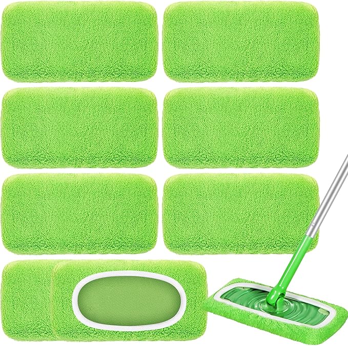 Nicemiya 8 Pack Reusable Mop Pads Compatible with Swiffer Sweeper, Coral Fleece Washable Swiffer Mop Pads, Dry & Wet Sweeping Mopping Cloths (Green, Not Included Mop)