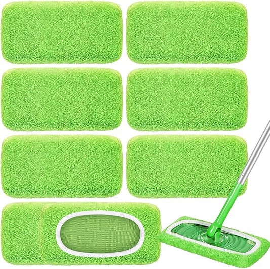 Nicemiya 8 Pack Reusable Mop Pads Compatible with Swiffer Sweeper, Coral Fleece Washable Swiffer Mop Pads, Dry & Wet Sweeping Mopping Cloths (Green, Not Included Mop)