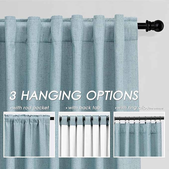 Light Blue Linen Blackout Curtains 120 Inch Length 2 Panels Set Burg Extra Long 10 Ft Back Tab Pocket Drapes Cotton Textured Total Sun Blocking Curtains for Living Room Cottage High Window 52x120