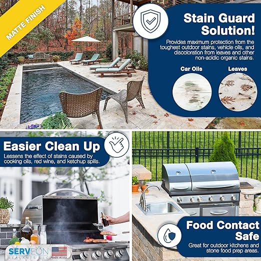 Serveon Sealants Natural Stone Sealer Plus Stain Guard (Matte Finish) Commercial Grade Outdoor Indoor Waterproof Grout Sealer Protects Pavers Pools Patios Landscape Stones (1 Gallon) H2900S
