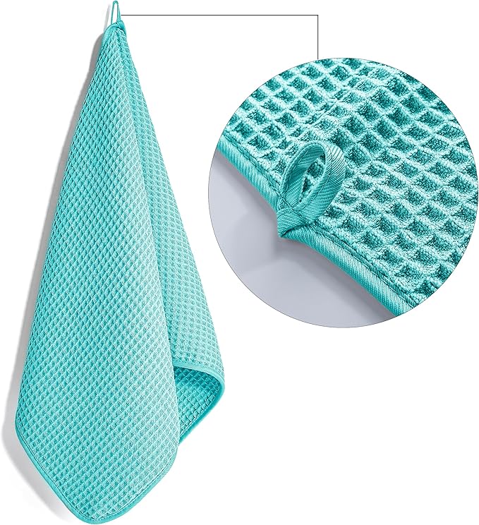 POLYTE Microfiber Lint Free Hand Towel, 16 x 30 in, 4 Pack (Aqua, Waffle Weave)