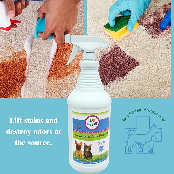 Theochem I Love My Pet Oxy Carpet Cleaner Spray, Oxygen-Powered Stain & Odor Remover for Dog & Cat Accidents, Unscented, 32 oz