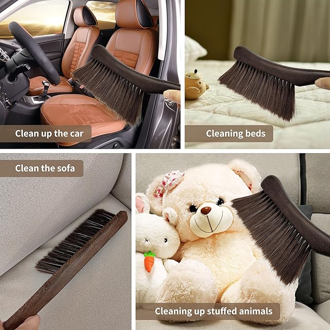 Hand Broom Brush, Wooden Handle Soft Bristle Cleaning Dust Brush,Bench Brushes with Bristlesfor Furniture, Bed, Car, Bench, Crevice Cleans, Sofa, Fireplace, Clothes（Curved Handle）