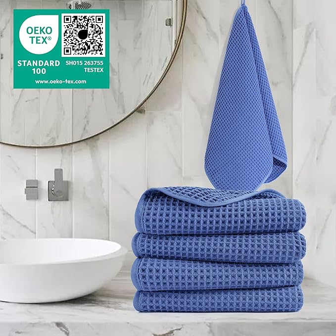 POLYTE Microfiber Lint Free Hand Towel, 16 x 30 in, 4 Pack (Waffle Weave)
