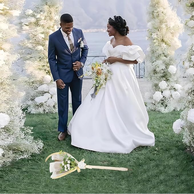 SISIMER Wedding Broom African Jumping Ceremony Decorative Broom DIY Wedding Decor, White Tulle Accents with Pearl Gold Ribbon Artificial Flower Bouquets