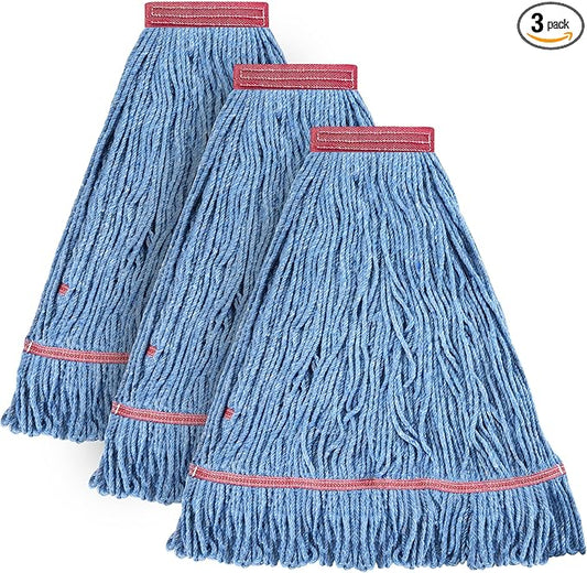 Matthew Cleaning 24oz Heavy Duty Mop Head Commercial Replacement for General and Floor Cleaning, Wet Industrial Blue Cotton Looped End String Head Refill (Pack of 3) Blue