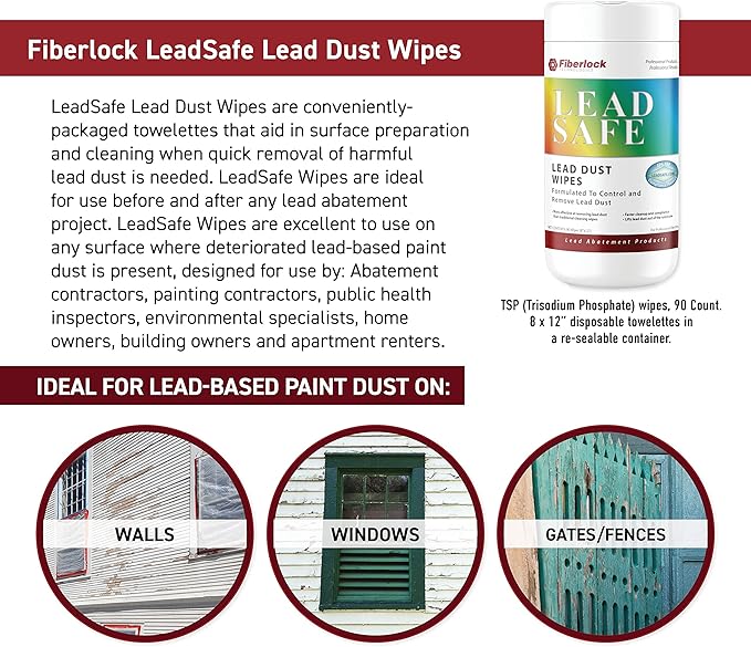 Fiberlock LeadSafe Dust Wipes, 90 Count, Controls & Removes Lead Dust, Ideal for Use Before & After Any Lead Abatement Project, Control Lead-Based Paint Dust Hazards