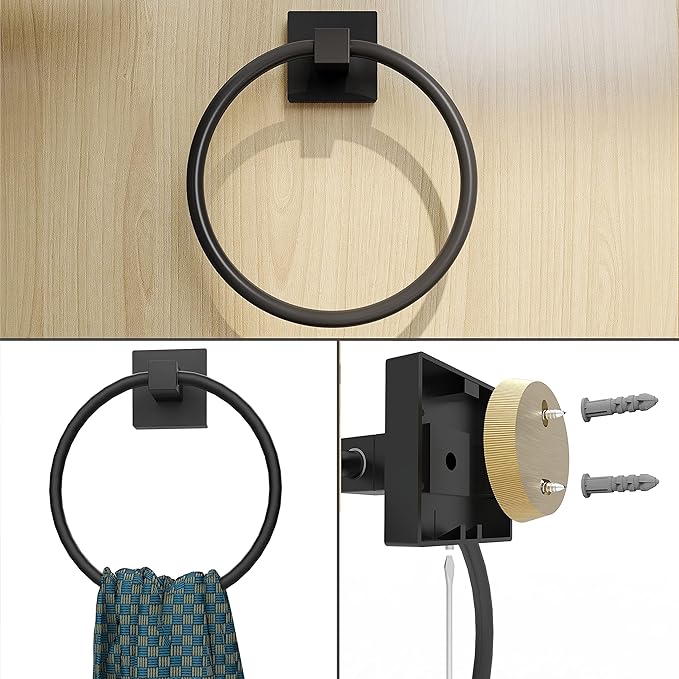Ruacq 4 Pieces Bathroom Hardware Set Matte Black Square Stainless Steel and Zinc Alloy Modern Wall Mounted,18-Inch Towel Bar,Toilet Paper Holder,Towel Ring,Robe Hook,Bathroom Accessories Kit