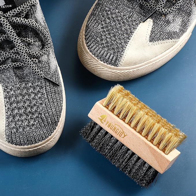 YoungJoy 2 Pieces Dual Sided Sneaker Shoe Cleaner Brush Set Shoes Clean Brush Kit Both Boar and Plastic Bristles with Microfiber Cloth (A)