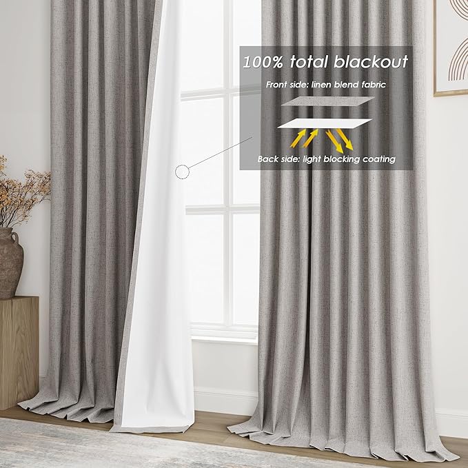 Silver Linen Curtains for Bedroom Black Out 96 Inch Long Full Blackout Back Tab Rod Pocket Curtains for Living Room Neutral Rustic Style Insulated Light Blocking Drapes 96 Inches Long 2 Panels 8 Ft