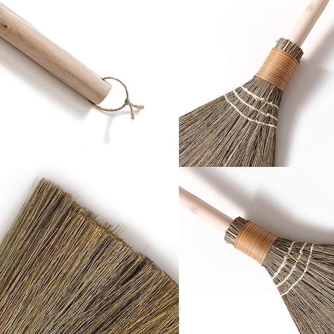 Handmade Vietnamese Straw Broom, Single Handle – Free Halloween Decoration Set, Witch Broom for Costume, Haunted House & Indoor Decor, Soft Grass Whisk Broom for Sweeping or Display