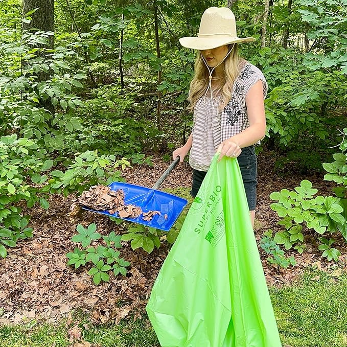SUPERBIO 55 Gallon Compostable Yard Waste Bags, Lawn & Leaf Bags, Heavy Duty Extra Thick 1.57 Mil, (80 Count Bulk), 208.1 Liter, BPI and OK compost INDUSTRIAL