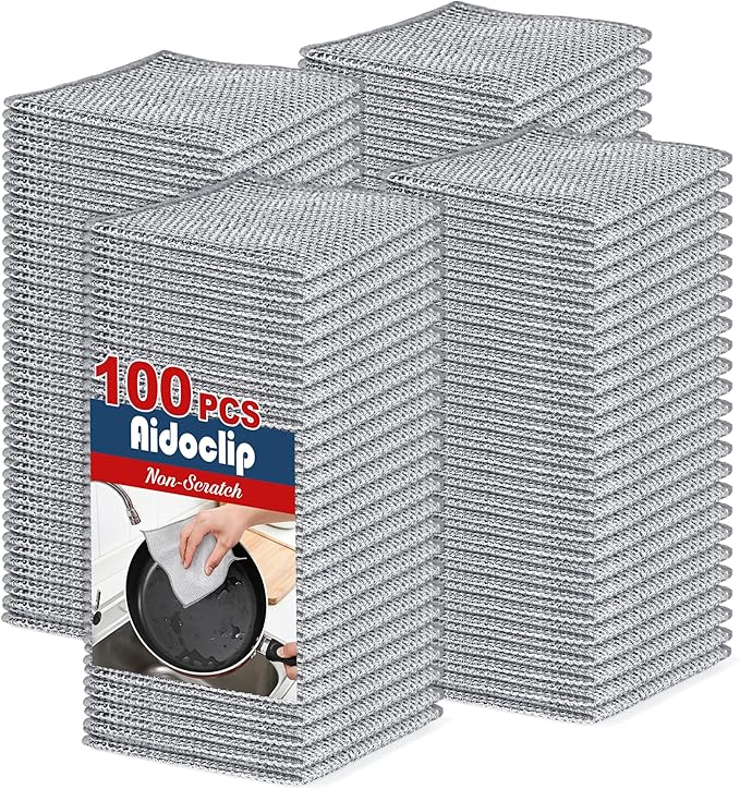 100pcs Non Scratch Wire Dishcloth, Multipurpose Wire Dishwashing Rags for Wet and Dry, Reusable Stainless Steel Cleaning Cloth, Kitchen Metal Dish Cloths for Washing Dishes Sinks, Dishes, Stove Top
