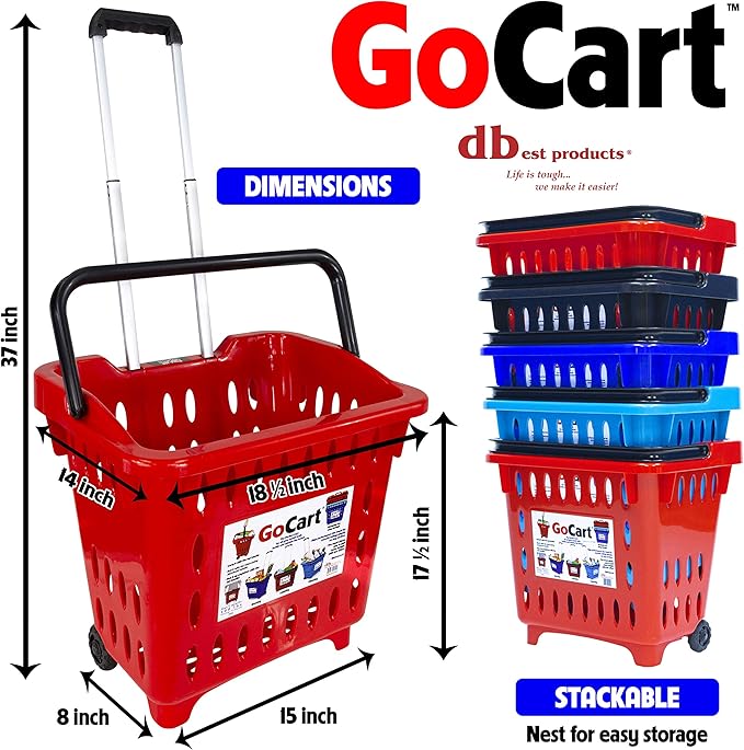 dbest products GoCart, Red Grocery Cart Shopping Laundry Basket on Wheels