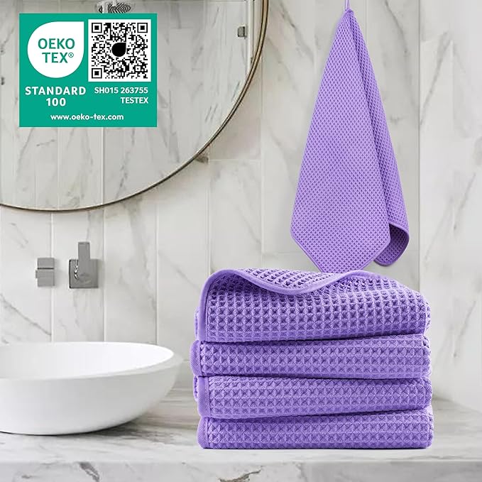 POLYTE Microfiber Lint Free Hand Towel, 16 x 30 in, 4 Pack (Waffle Weave)