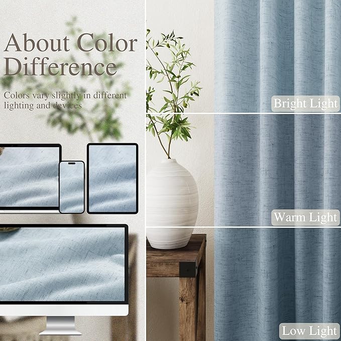 Blue Linen Blackout Curtains 120 Inch Length 2 Panels Set Extra Long 10 Ft Back Tab Pocket Drapes Thermal Insulated Total Blocking Curtains for Dining Room Cottage High Window Curtain 52x120 Inch