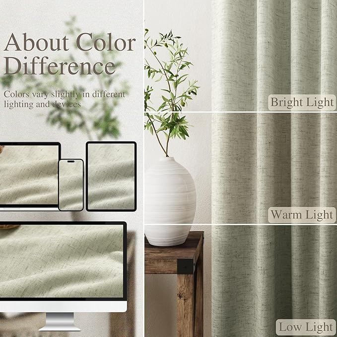 100% Blackout Linen Curtains 84 Inch Length 2 Panels Sage Green Light Blocking Darkening Living Room Curtains 84 Inches Long Elegant Modern Back Tab Pocket Noise Reducing Drapes for Nursery 52X84