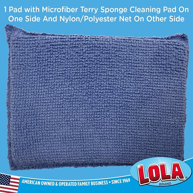 LOLA Microfiber Terry & Nylon Net Sponge Scrubber Pad, 12 Pack, Non Scratch 2-Way Cleaning, Gently Scrubs & Wipes Clean