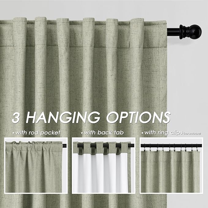 100% Blackout Linen Curtains 90 inch Length 2 Panels for Living Room Loop Pocket Pinch Pleated Black Out Drapes Sage Green Heat Reducing Total Blackout Window Curtains for Bedroom 90 inches Long