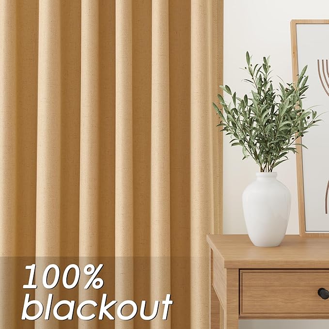 Camel Linen Blackout Curtains 108 Inches Long 2 Panel Set for Living Room Back Tab Pocket Drapes Cotton Textured Room Darkening Light Blocking Curtain for Bedroom Cottage High Window 52x108