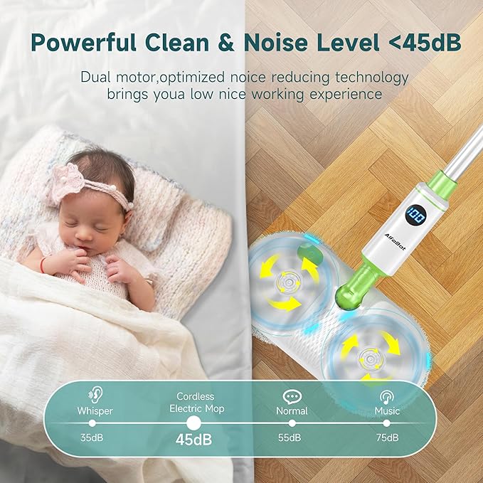 AlfaBot Cordless Electric Mop for Floor Cleaning, Dual Spin Mop with LED Headlight /Water Spray/Self-Propelled,Clean up to 2700 ft²,Rechargeable Electric Mops with Big Water Tank for Multi Floors
