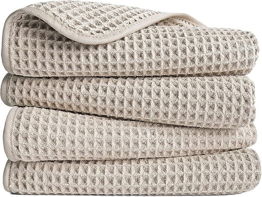 POLYTE Microfiber Lint Free Hand Towel, 16 x 30 in, 4 Pack (Beige, Waffle Weave)