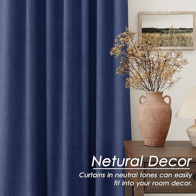 Full Black Out Classic Blue Window Curtains 84 Inches Long Back Tab Rod Pocket Cooling Flax Linen Drapes Full Light Black Out 2 Panels Set for Dining Room Boho Farmhouse Curtains Drapes 52x84