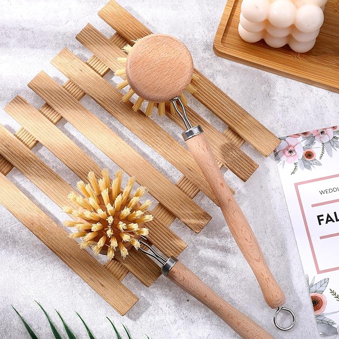 10 Pack Fiber Bristle 2-Inch All-Purpose Kitchen Dish Scrub Brush with Beechwood Handle - Dish Brush with Hooked Handle for Pots, Pans, and Kitchen Utensils - Made in Germany