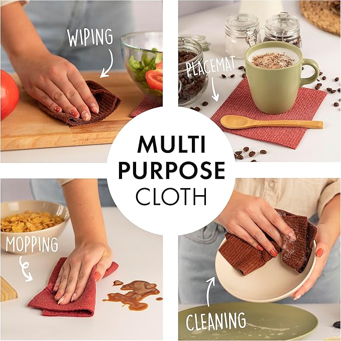 SUPERSCANDI 6 Pack Swedish Dishcloths for Kitchen - 100% Biodegradable & Compostable Reusable Paper Towels Washable, Food-Safe & Without Plastic - Dish Rags Suitable for Any Surface, Red