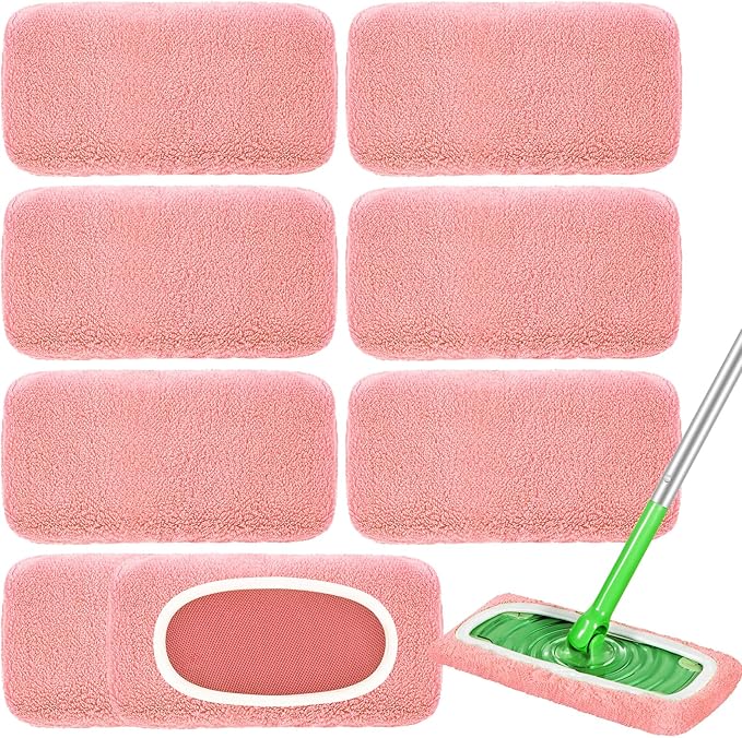 Nicemiya 8 Pack Reusable Mop Pads Compatible with Swiffer Sweeper, Coral Fleece Washable Swiffer Mop Pads, Dry & Wet Sweeping Mopping Cloths (Pink, Not Included Mop)