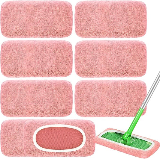 Nicemiya 8 Pack Reusable Mop Pads Compatible with Swiffer Sweeper, Coral Fleece Washable Swiffer Mop Pads, Dry & Wet Sweeping Mopping Cloths (Pink, Not Included Mop)