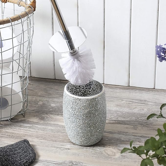 WHOLE HOUSEWARES Modern Toilet Brush Set (Silver) - Glass Mosaic Bathroom Accessory with Sturdy Bristles and Holder