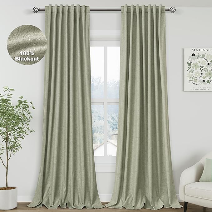 Nanspring Sage Green Linen 100% Blackout Curtains 95 inch Length Back Tab Rod Pocket Drapes Thermal Insulated Textured Living Room Black Out Curtains 2 Panels Set 52x95