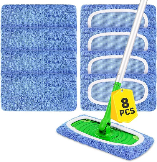 8Pcs Blue Reusable Microfiber Mop Pads Compatible with Swiffer Sweeper Mops,Dry Sweeping Cloths & Wet Pads Refills,Washable Mop Pads for Floor Cleaning