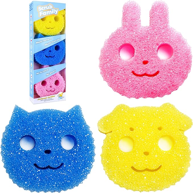 Scrub Family Functional Sponge Scrubber Set - Daddy Mommy Daily Scrub Sponge, Smiley Happy Face, Firm in Cold and Soft in Warm, Scratch Free, No Odor, 3 Cute Animal Patterns (3ct)