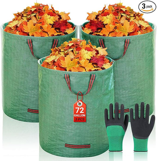 72 Gallon Yard Waste Bags, Reusable Heavy Duty Collapsible Garden Leaf Bags with Plastic Ring, Garden Waste Container for Clean Up Outdoor Debris Leaves Grass Clippings (Green, 3 Pack)