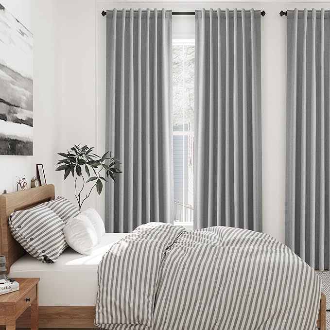 Charcoal Linen Curtains 90 inch Length 2 Panels Set for Bedroom Thermal Insulated 100% Blackout Linen Drapes Back Tab Neutral Rustic Modern Farmhouse Room Darkening Curtain 52x90