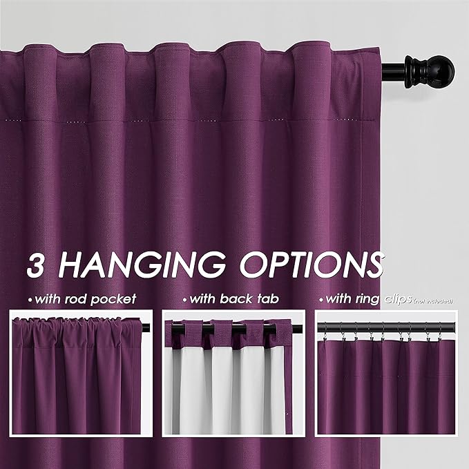 Nanspring Purple 100% Blackout Curtains 63 inches Long for Bedroom Boho Farmhouse Back Tab Rod Pocket Thermal Insulated Textured Short Room Darkening Curtains 2 Panels Set 52x63 Inches