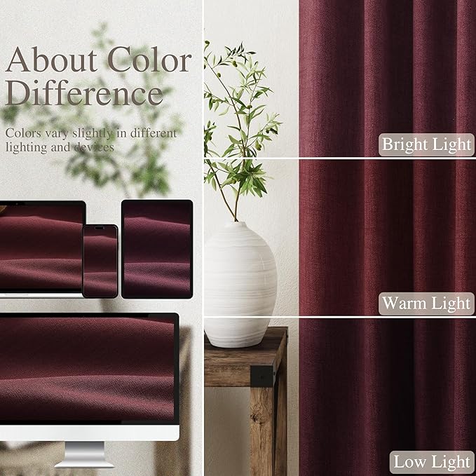 Nanspring Burgundy Linen Blackout Curtains 84 Inches Long Back Tab Rod Pocket Cooling Noise Reducing Thermal Insulated 100% Blackout 2 Panels Set for Bedroom Elegant Modern Curtains Drapes 52x84