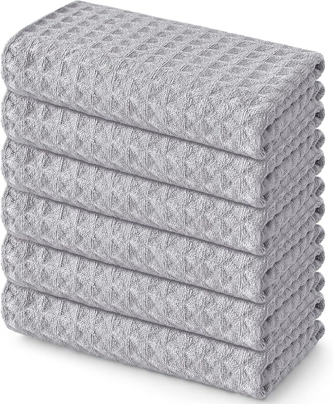 Homaxy Microfiber Waffle Weave Kitchen Towels, 16 x 28 Inch Ultra Absorbent and Solid Color Dish Towels, 6 Pack, Grey