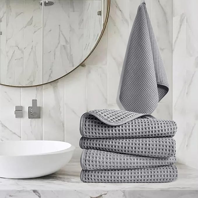 POLYTE Microfiber Lint Free Hand Towel, 16 x 30 in, 4 Pack (Gray, Waffle Weave)