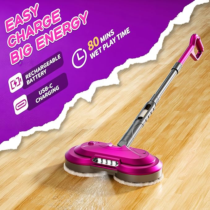 BLAXTEM Kids Electric Spray Spin Mop Toy, Rechargeable Cordless Electric Mop W/Water Sprayer & LED Headlight for Children Ages 3 4 5 6+ Boys & Girls, Cleaning Toy for Pretend Play (Rose Red)