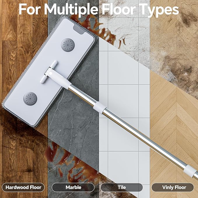 CTIME Large Mop and Bucket Set, Flat Mop and Bucket System, Wall Mop with Adjustable Handle (Max 74 Inches), Mops for Floor Cleaning, 6 Washable 15.74'' Microfiber Mop Pads