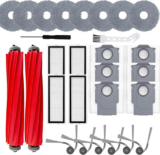 28Pcs Accessories Replacement Kit for Roborock QV35A/QV35S,QR798/QR598 Robot Vacuum,2 Main Brush,4 Filters,8 Mop Pads,6 Dust Bags,6 Side Brushes,2 Tools